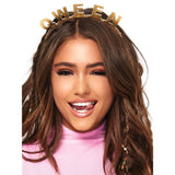 Close-up front view of gold glitter qween headband - Golddiggers Boutique