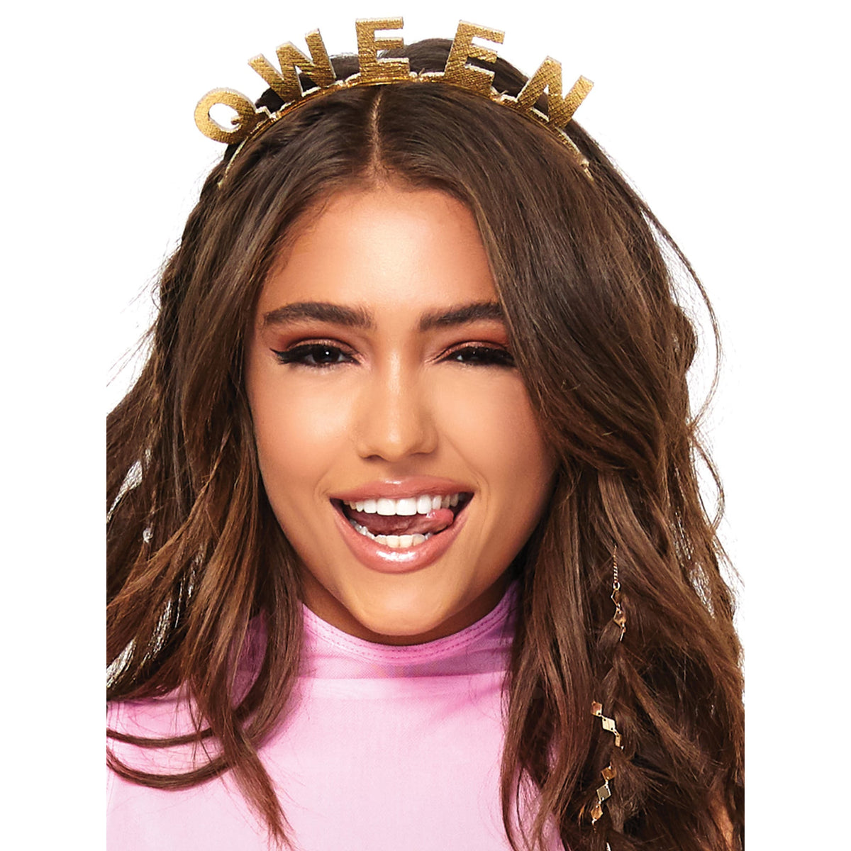 Close-up front view of gold glitter qween headband - Golddiggers Boutique