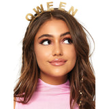 Close-up front view of gold glitter qween headband - Golddiggers Boutique