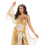 Close front view of gold Greek goddess costume with one-shoulder shimmer dress - Golddiggers Boutique
