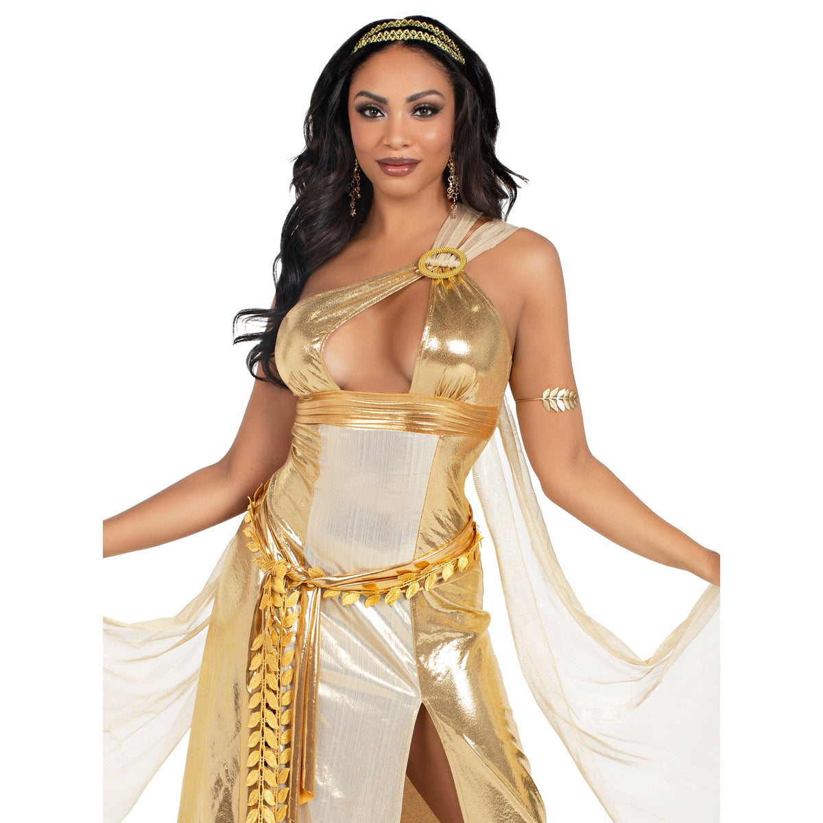 Close front pose of gold Greek goddess costume with one-shoulder shimmer dress - Golddiggers Boutique