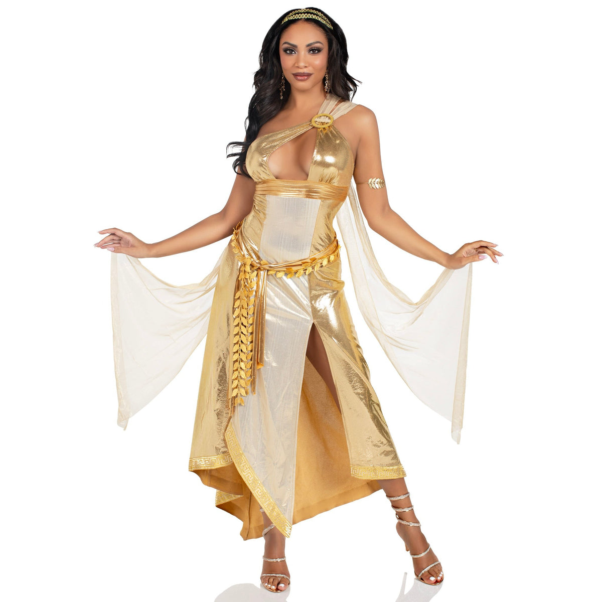 Front pose of gold Greek goddess costume with one-shoulder shimmer dress - Golddiggers Boutique