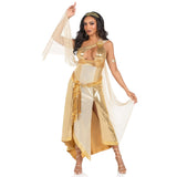 Front view of gold Greek goddess costume with one-shoulder shimmer dress - Golddiggers Boutique