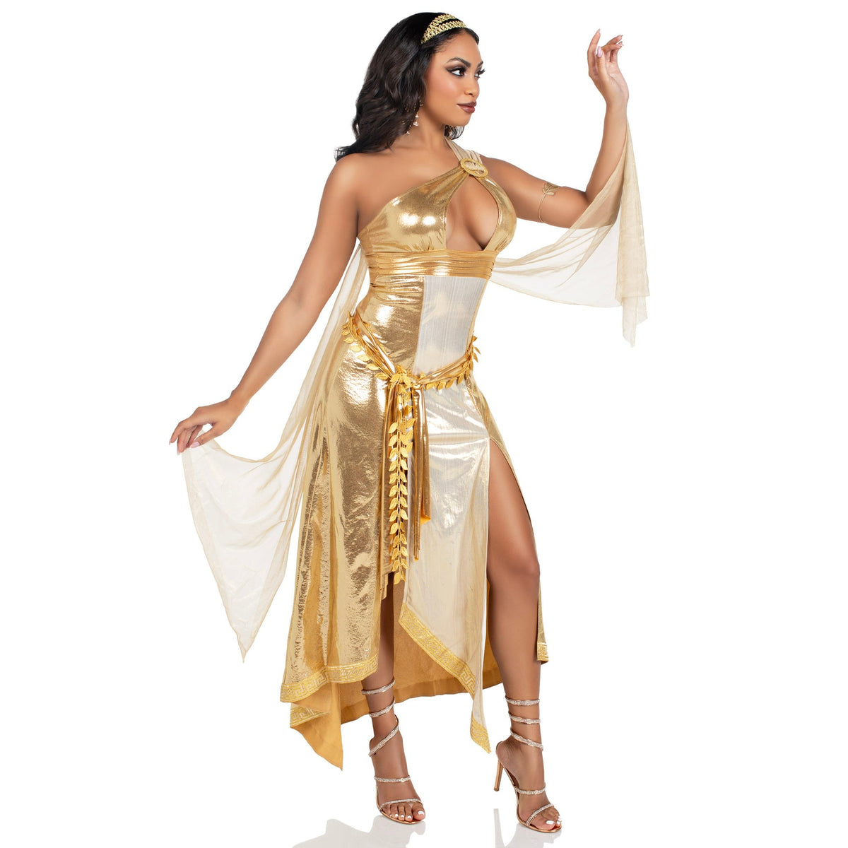 Side view of gold Greek goddess costume with one-shoulder shimmer dress - Golddiggers Boutique