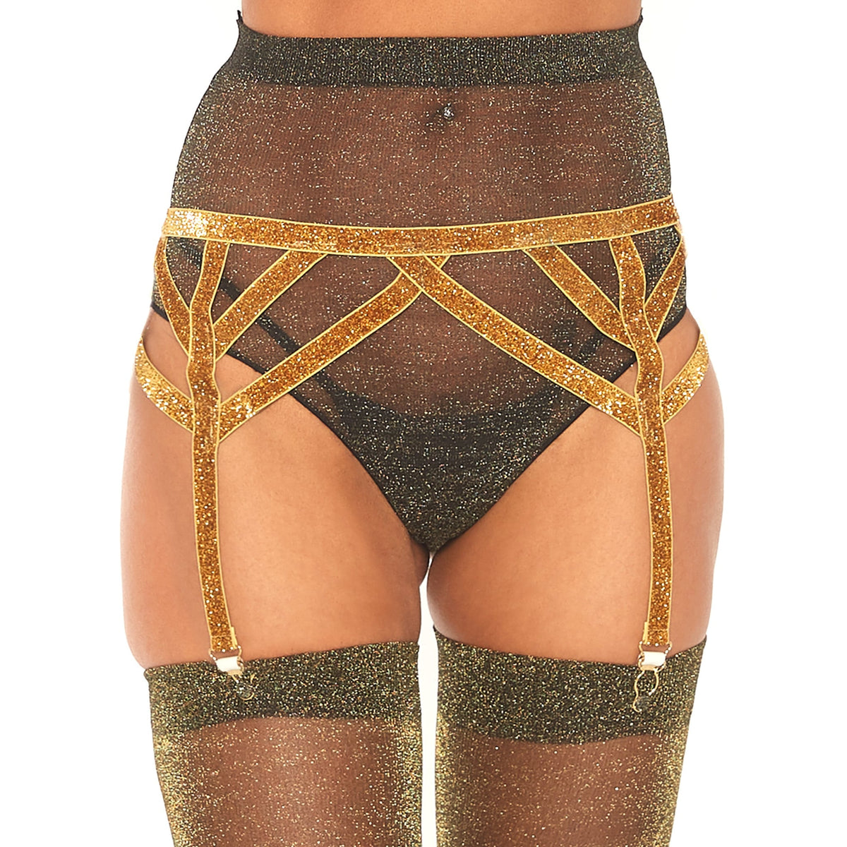 Close-up front view of gold metallic shimmer elastic garter belt - Golddiggers Boutique