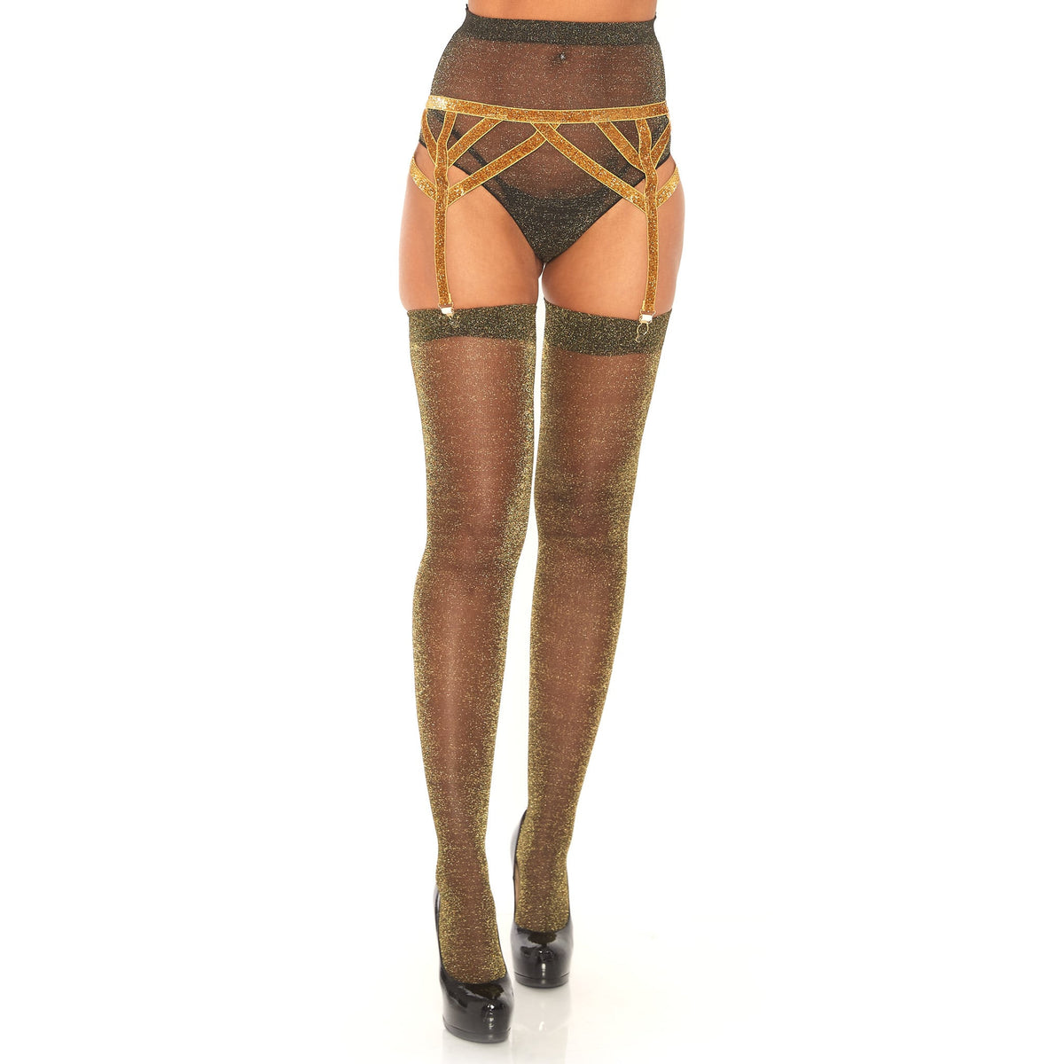 Front view of gold metallic shimmer elastic garter belt - Golddiggers Boutique
