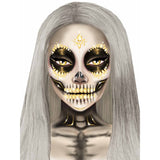 Detail view of gold sugar skull face jewels - Golddiggers Boutique