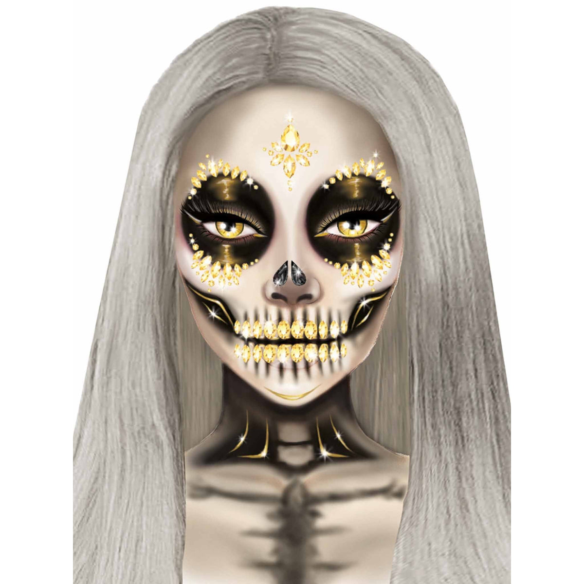 Detail view of gold sugar skull face jewels - Golddiggers Boutique