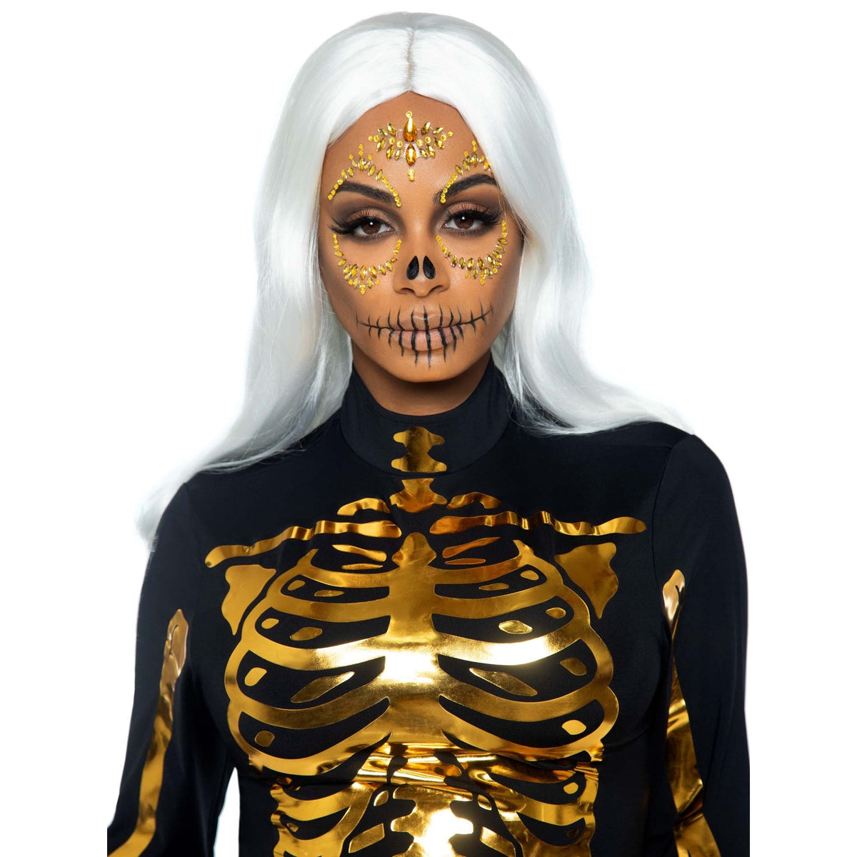 Detail view of gold sugar skull face jewels - Golddiggers Boutique