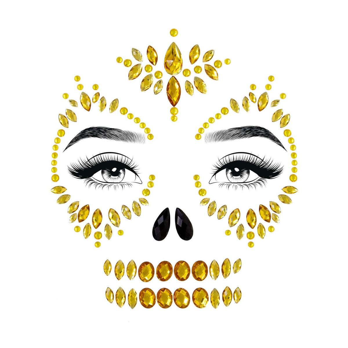 Front view of gold sugar skull face jewels - Golddiggers Boutique