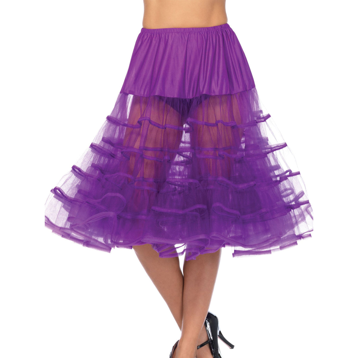 Close-up front view of grape knee length ruffle petticoat - Golddiggers Boutique