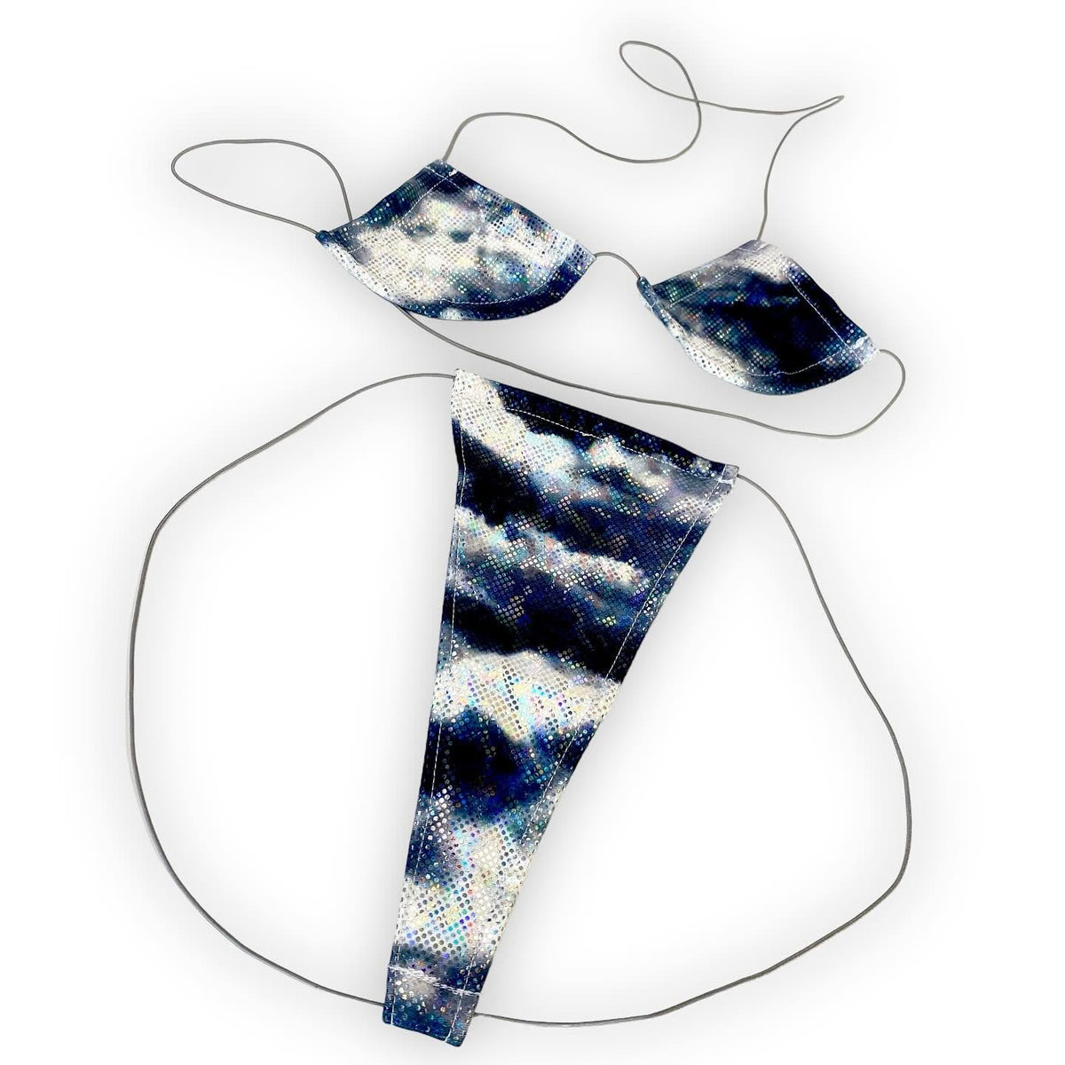 Gray storm cloud print micro 'kini with holographic dots on gray strings, flat lay on white - Golddiggers Boutique