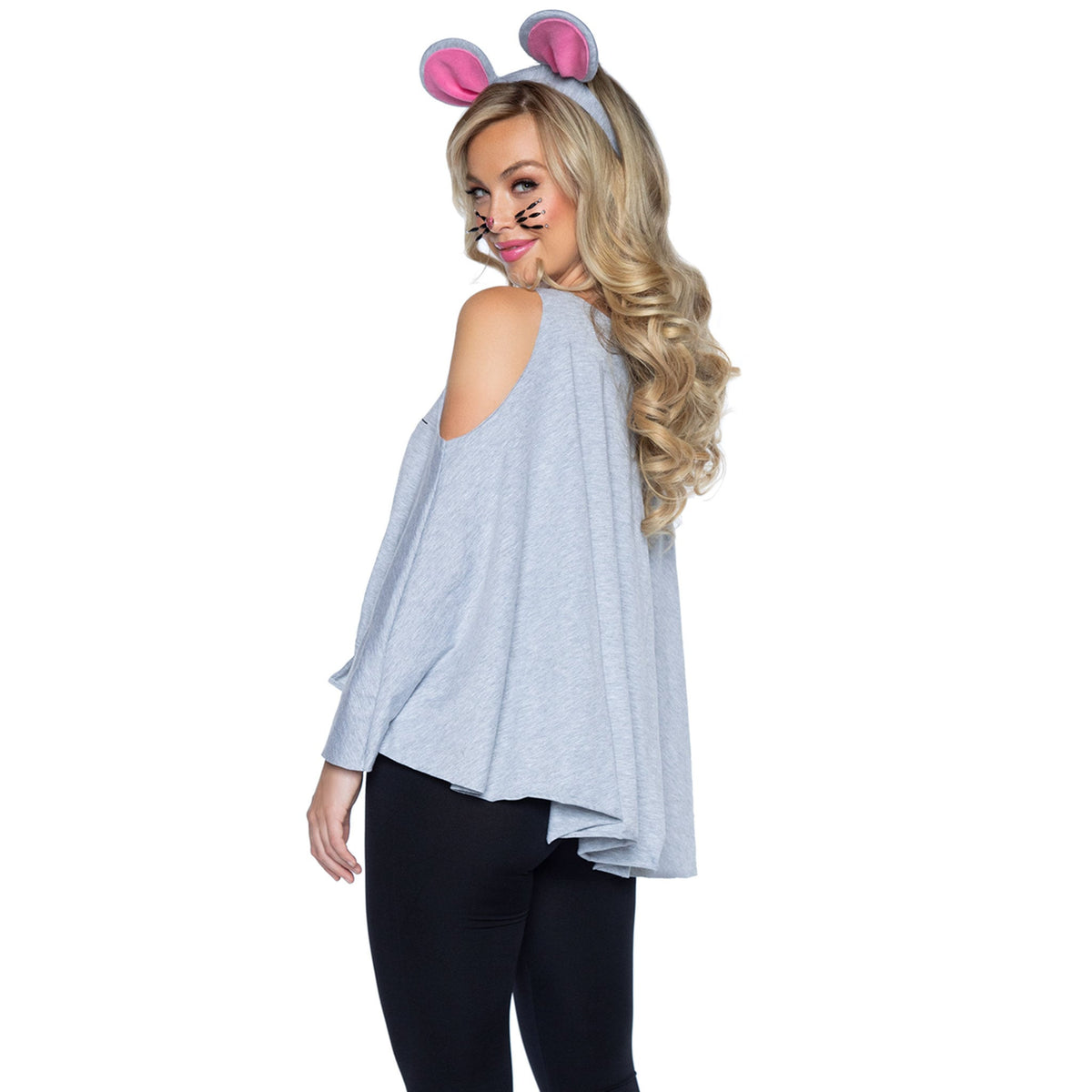 Close-up back view of gray mouse poncho costume with ear headband - Golddiggers Boutique