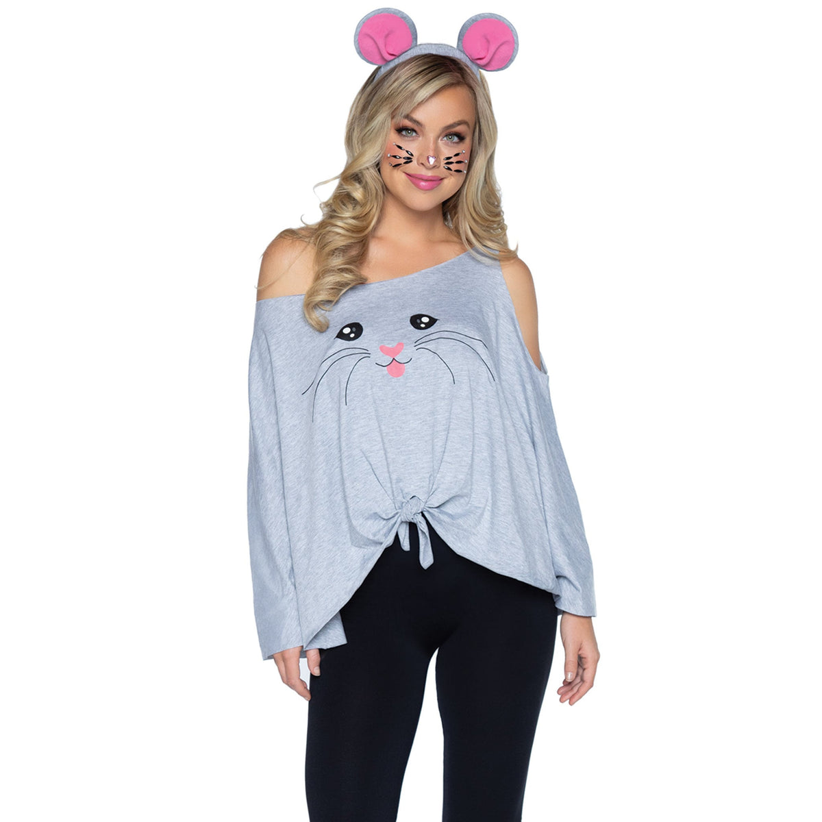 Close-up front view of gray mouse poncho costume with ear headband - Golddiggers Boutique
