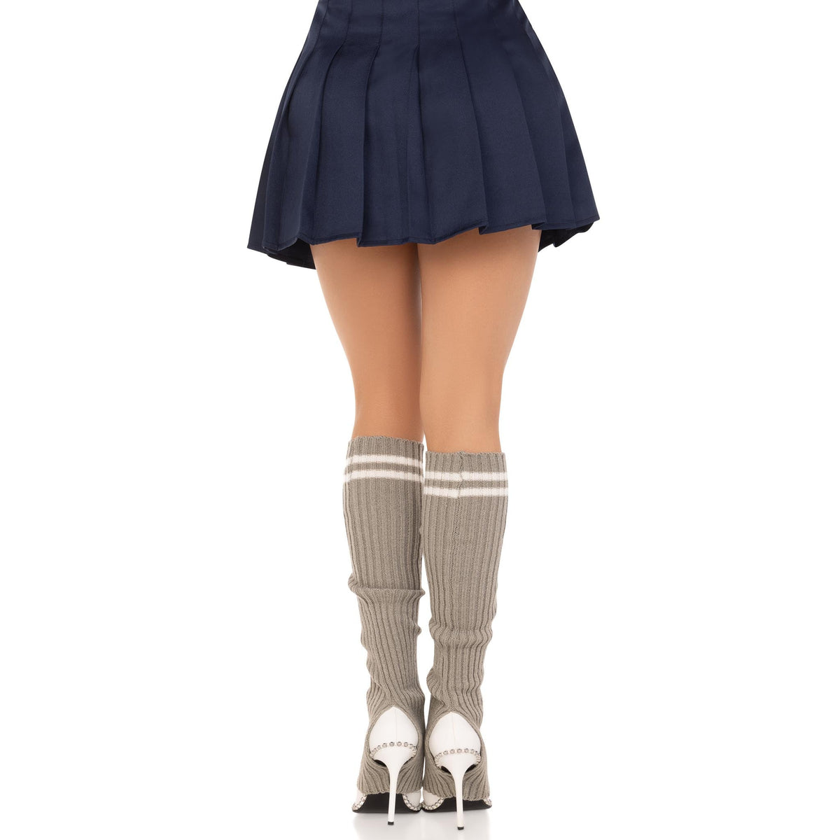 Back view of gray ribbed stirrup leg warmers with athletic stripes - Golddiggers Boutique