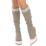Close-up front view of gray ribbed stirrup leg warmers with athletic stripes - Golddiggers Boutique