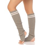Close-up side view of gray ribbed stirrup leg warmers with athletic stripes - Golddiggers Boutique