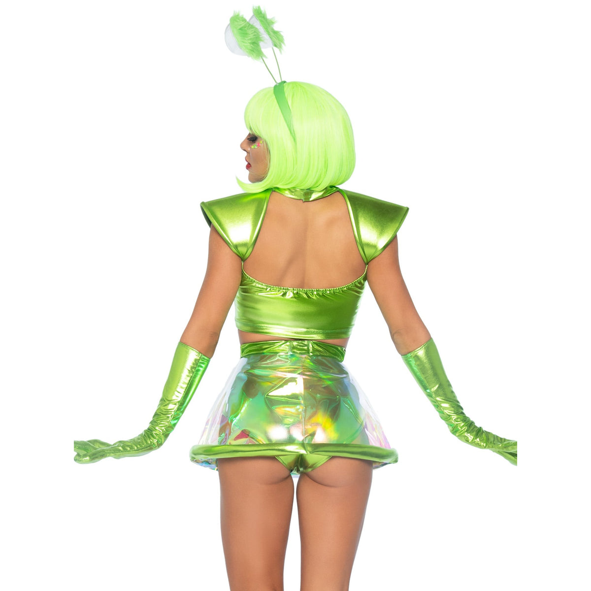 Close back view of green alien costume with metallic crop top, clear skirt, and gloves - Golddiggers Boutique