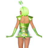 Close back view of green alien costume with metallic crop top, clear skirt, and gloves - Golddiggers Boutique