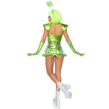 Back view of green alien costume with metallic crop top, clear skirt, and gloves - Golddiggers Boutique