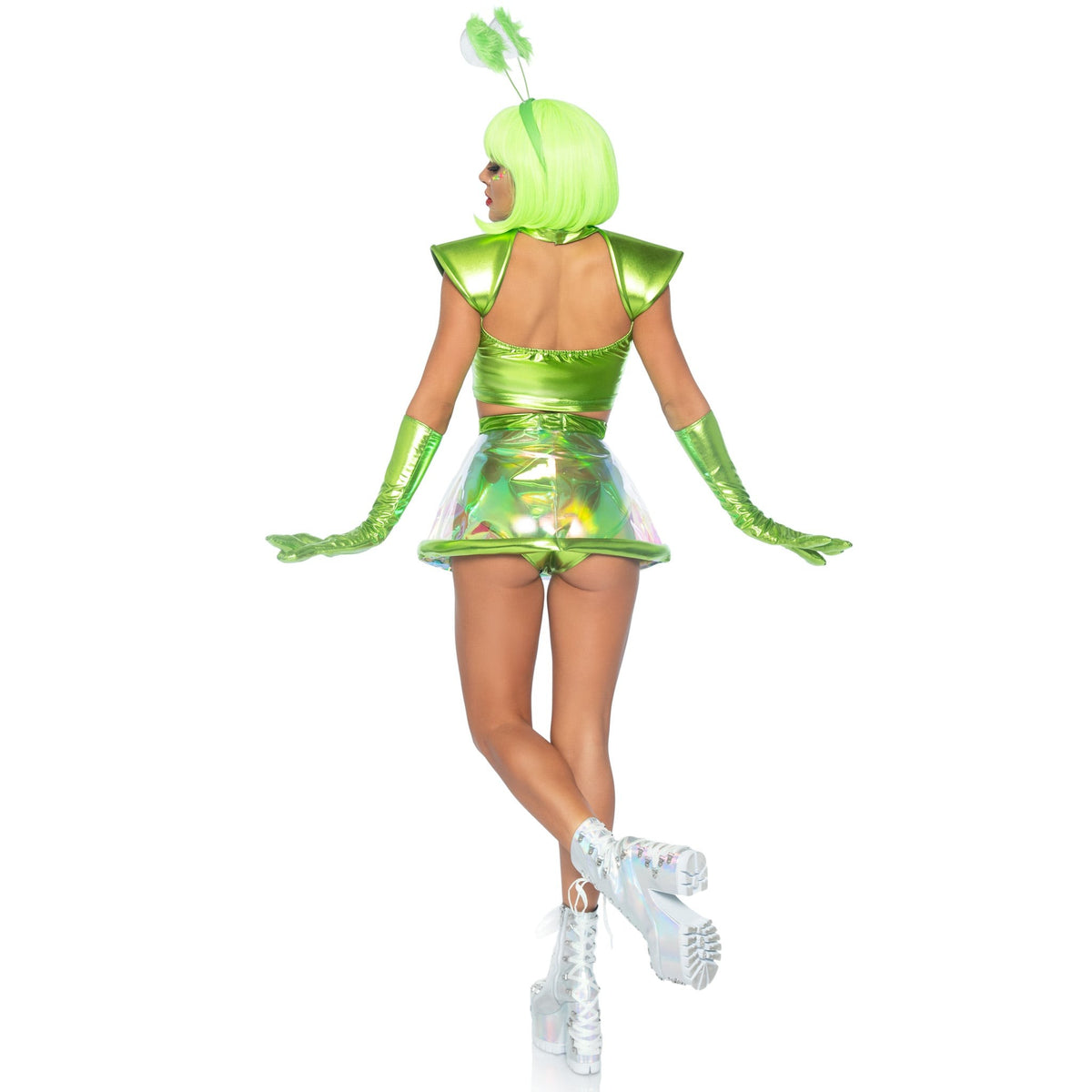 Back view of green alien costume with metallic crop top, clear skirt, and gloves - Golddiggers Boutique