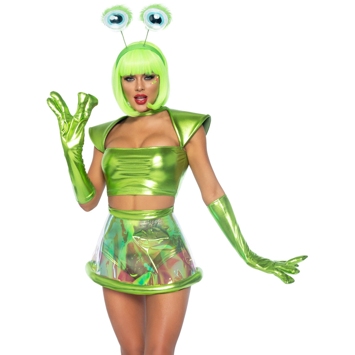 Close front view of green alien costume with metallic crop top, clear skirt, and gloves - Golddiggers Boutique