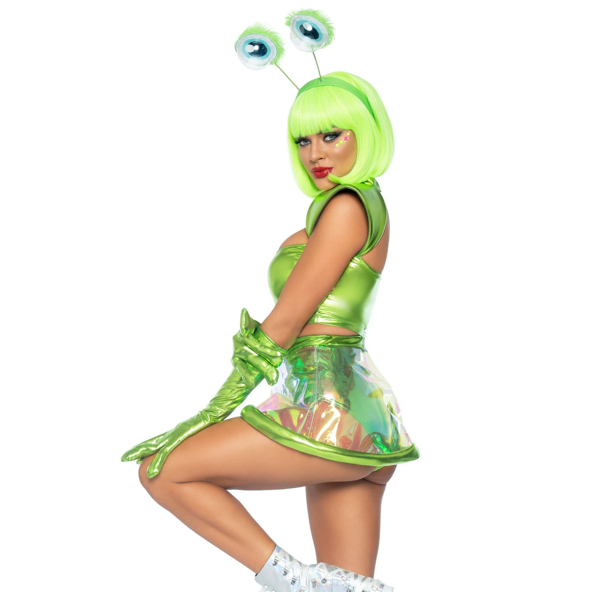 Close front pose of green alien costume with metallic crop top, clear skirt, and gloves - Golddiggers Boutique