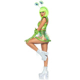 Front pose of green alien costume with metallic crop top, clear skirt, and gloves - Golddiggers Boutique
