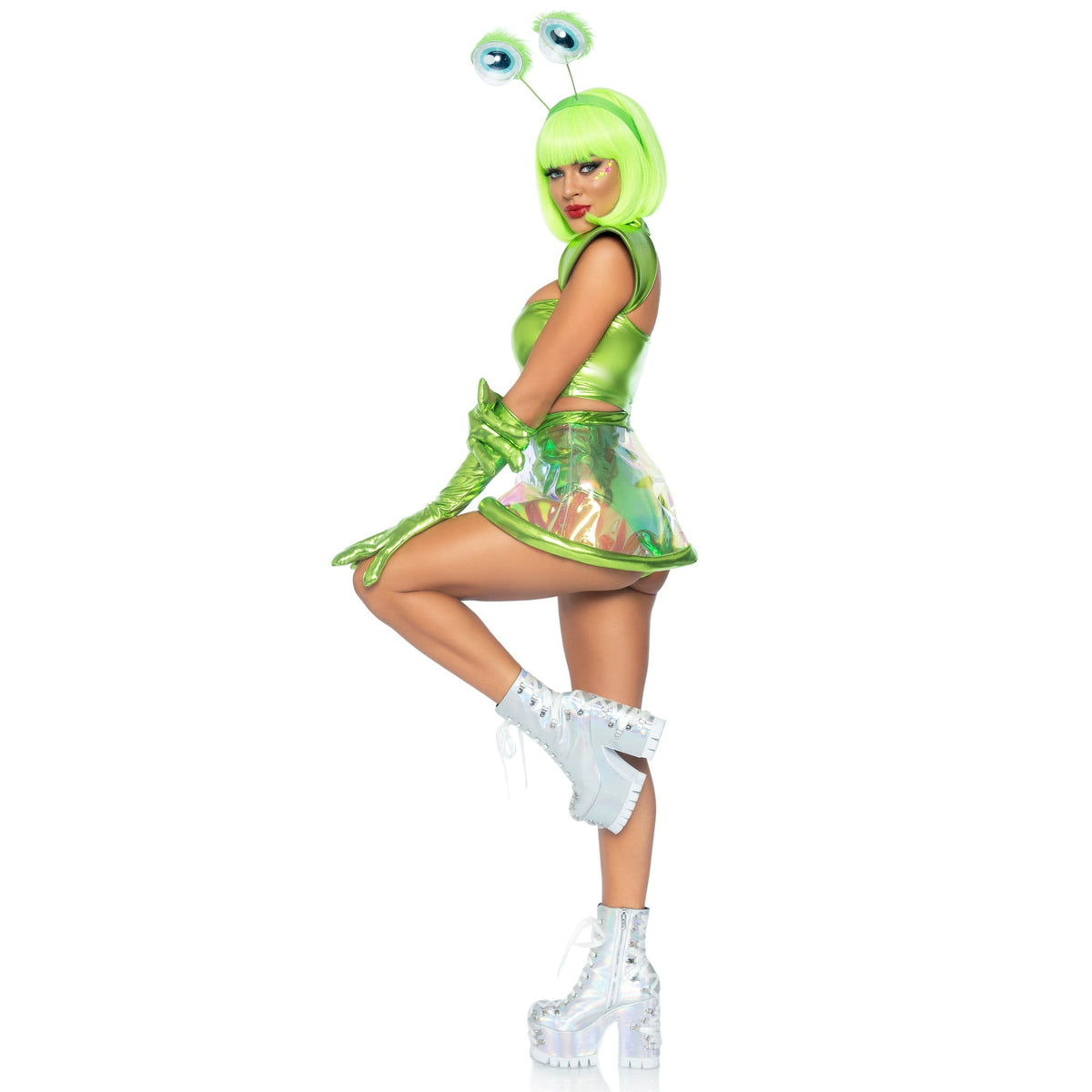 Front pose of green alien costume with metallic crop top, clear skirt, and gloves - Golddiggers Boutique