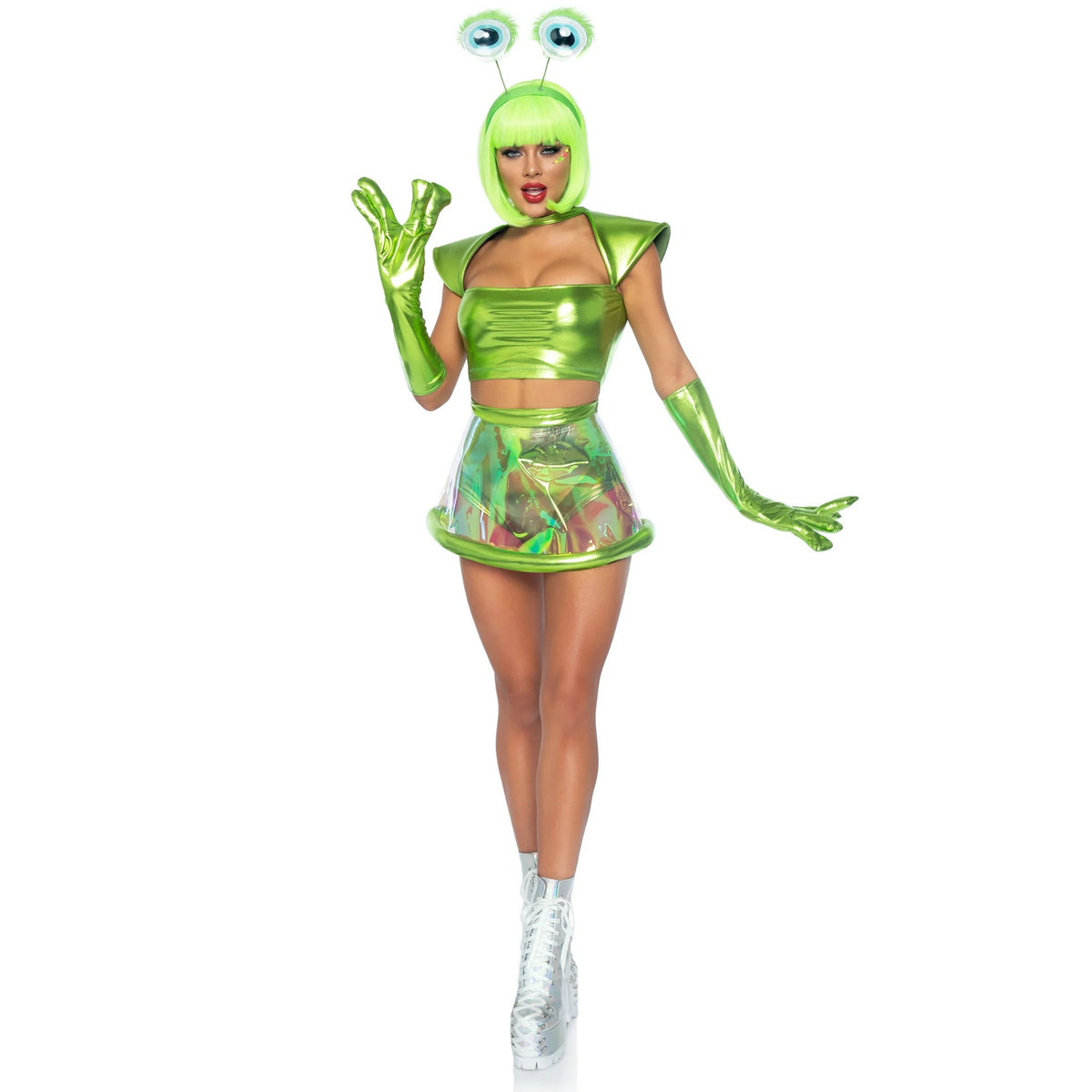 Front view of green alien costume with metallic crop top, clear skirt, and gloves - Golddiggers Boutique