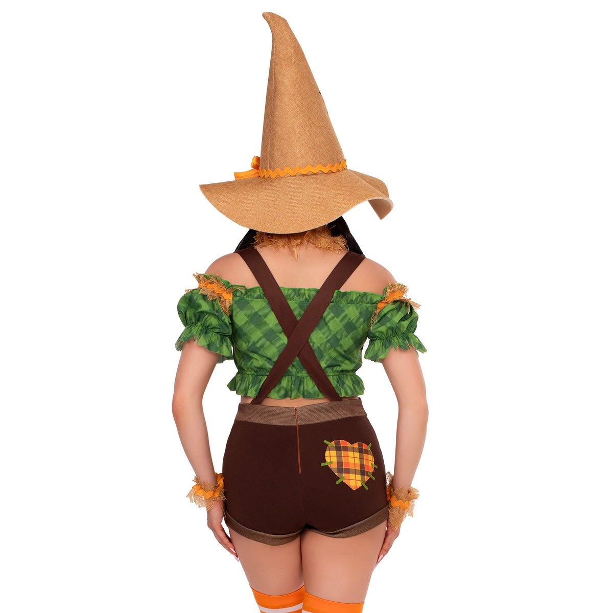 Close back view of green and brown scarecrow costume with suspender shorts and hat - Golddiggers Boutique