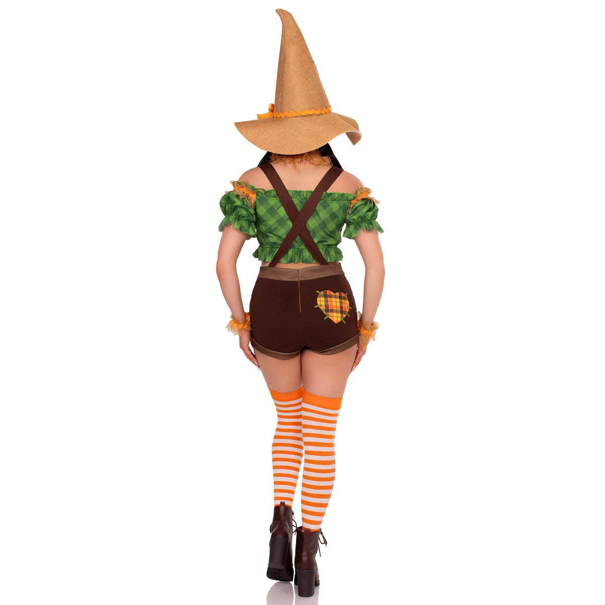 Back view of green and brown scarecrow costume with suspender shorts and hat - Golddiggers Boutique