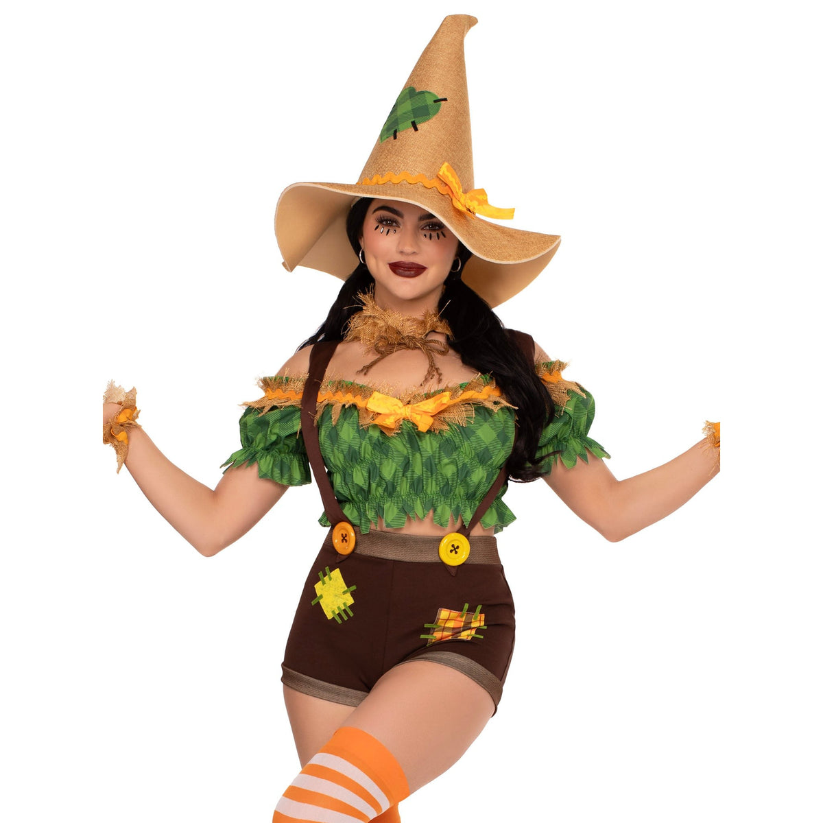 Close front view of green and brown scarecrow costume with suspender shorts and hat - Golddiggers Boutique