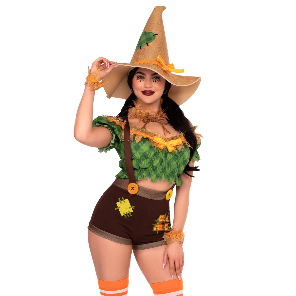 Close front pose of green and brown scarecrow costume with suspender shorts and hat - Golddiggers Boutique
