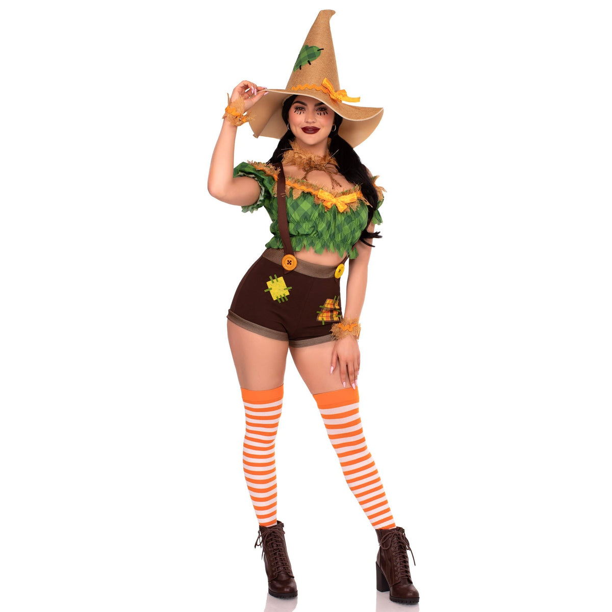 Front pose of green and brown scarecrow costume with suspender shorts and hat - Golddiggers Boutique