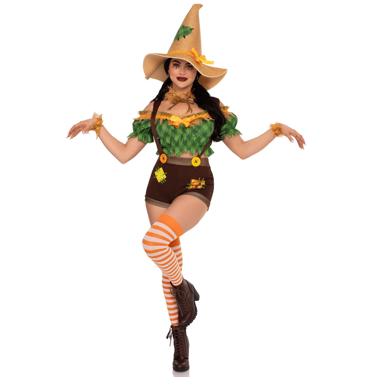 Front view of green and brown scarecrow costume with suspender shorts and hat - Golddiggers Boutique
