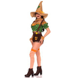 Side view of green and brown scarecrow costume with suspender shorts and hat - Golddiggers Boutique