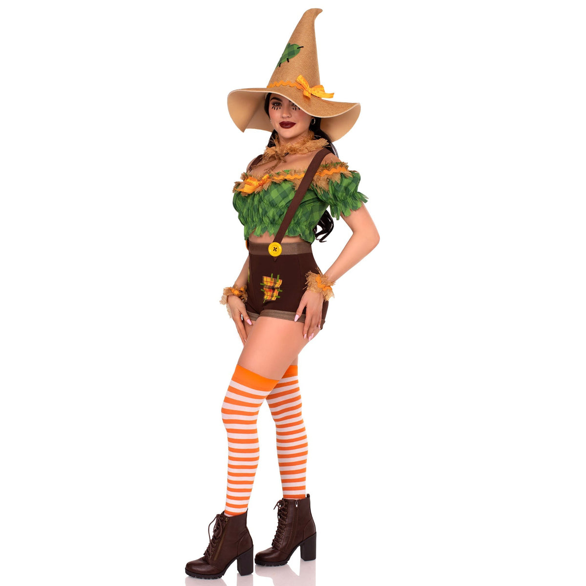 Side view of green and brown scarecrow costume with suspender shorts and hat - Golddiggers Boutique