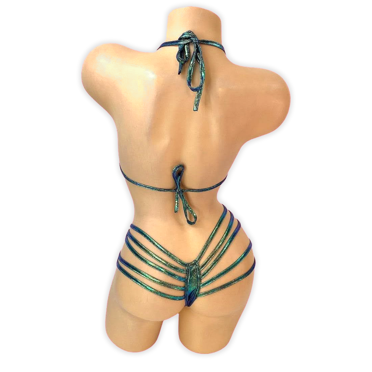 Blue green shift Elara holo plunge strappy bodysuit, back view with thong back and strappy hips
