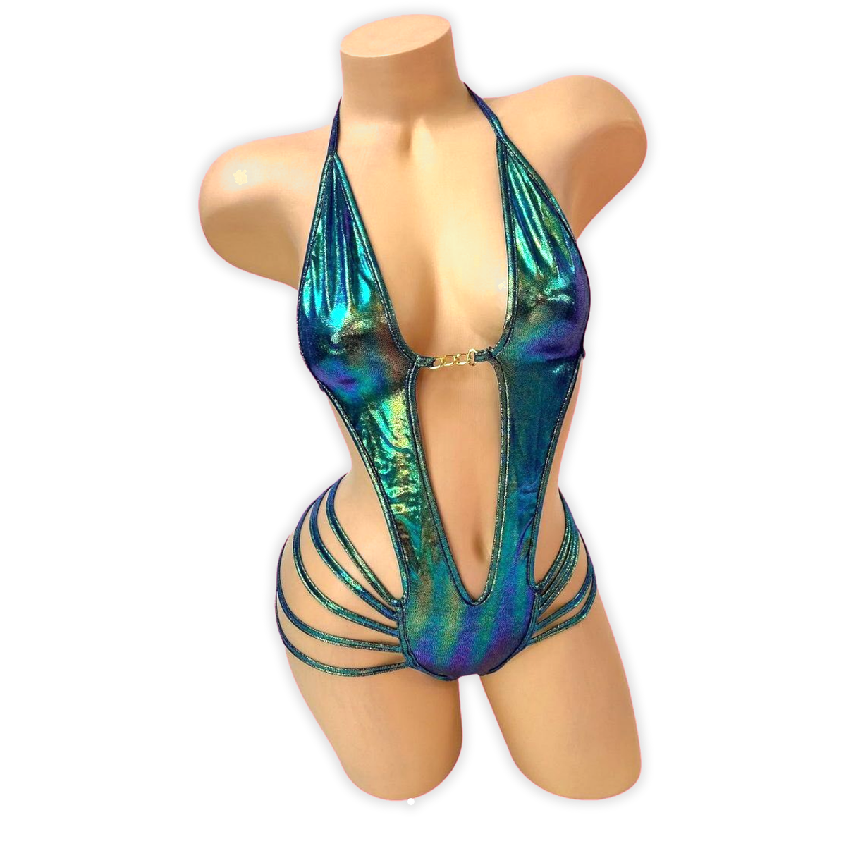Blue green shift Elara holo plunge strappy bodysuit, front view on mannequin