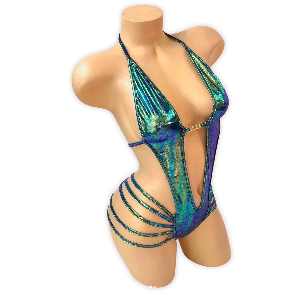Blue green shift Elara holo plunge strappy bodysuit, side view showing open sides