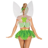 Close back view of green fairy costume with boned crop top, petal skirt, and wings - Golddiggers Boutique