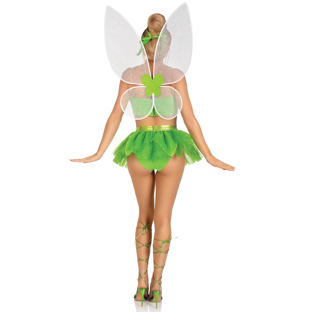Back view of green fairy costume with boned crop top, petal skirt, and wings - Golddiggers Boutique
