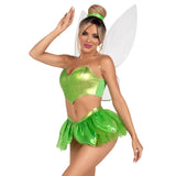 Close front view of green fairy costume with boned crop top, petal skirt, and wings - Golddiggers Boutique