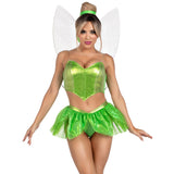 Close front pose of green fairy costume with boned crop top, petal skirt, and wings - Golddiggers Boutique
