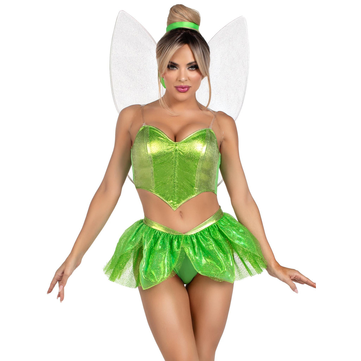 Close front pose of green fairy costume with boned crop top, petal skirt, and wings - Golddiggers Boutique