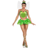 Front pose of green fairy costume with boned crop top, petal skirt, and wings - Golddiggers Boutique