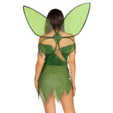 Close back view of green forest fairy costume with patchwork dress and wings - Golddiggers Boutique