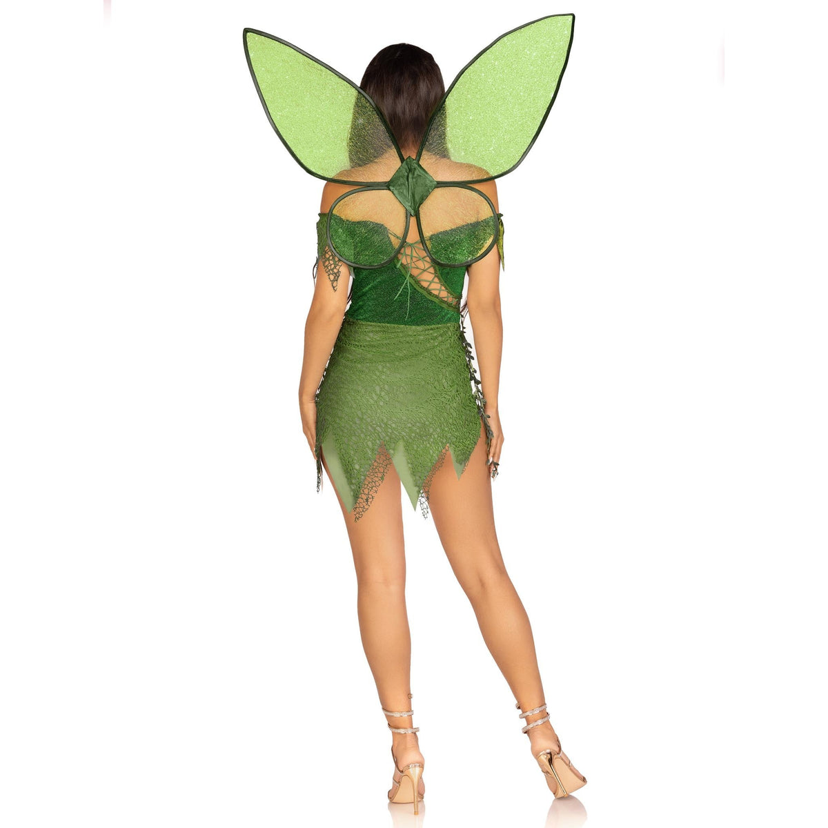Back view of green forest fairy costume with patchwork dress and wings - Golddiggers Boutique