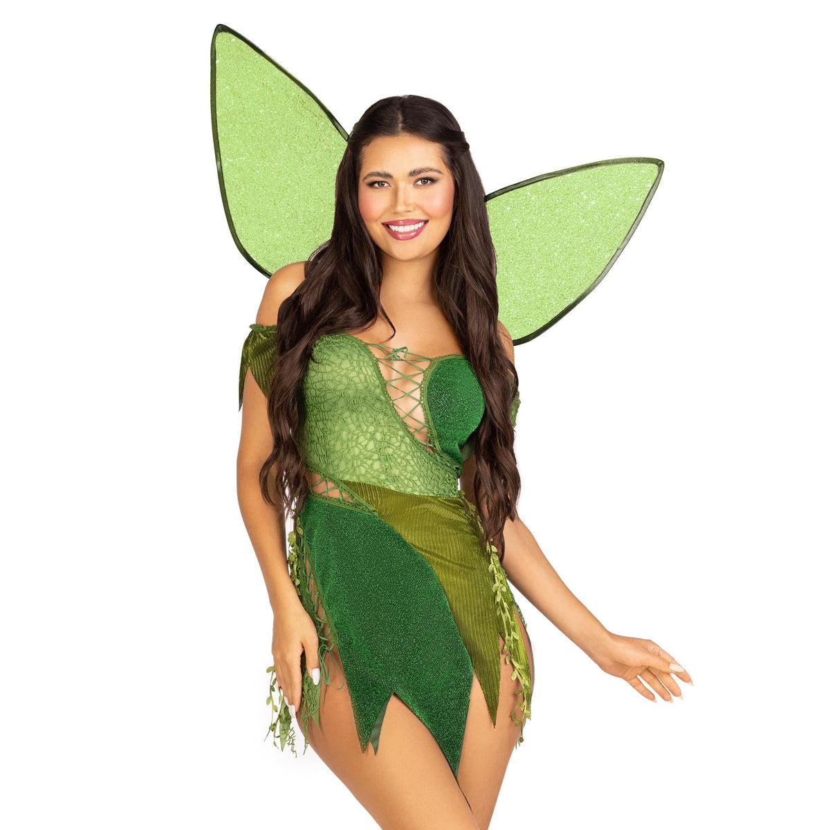 Close front view of green forest fairy costume with patchwork dress and wings - Golddiggers Boutique